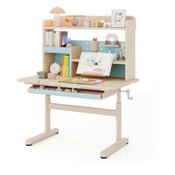 Vaikiškas rašomasis stalas su lentyna, stalčiumi ir reguliuojamo aukščiu (Mėlyna)